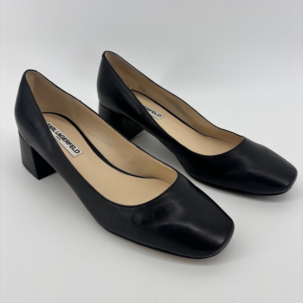 Karl Lagerfeld Paris Charee Black Leather Square Toe Block Heel Pumps Size 10M